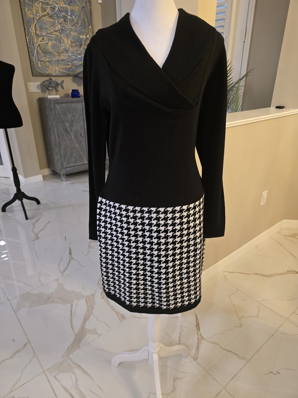 VENUS Black Dress with Black-and-White Houndstooth Skirt Panel